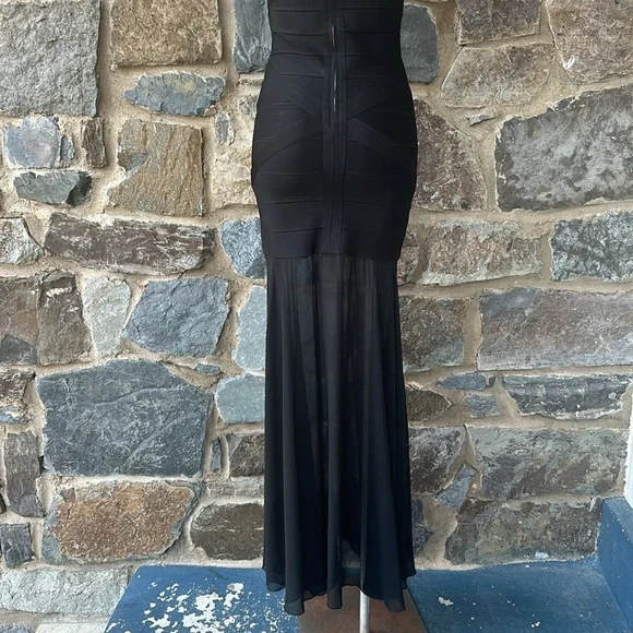 JS Collections Black Strapless Bodycon Gown Bandage Maxi Dress Sheer Size 4 $298 - Picture 8 of 9
